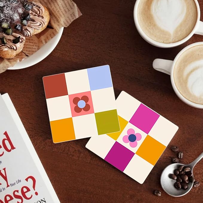 MAYCARI Contrasting Color Cartoon Flower Coasters Set of 6 Cork Backed Checkered Flower Coasters with Metal Holder Ceramic Surface Drink Cup Mats for Tabletop Protection Desk Decoration Birthday Gifts