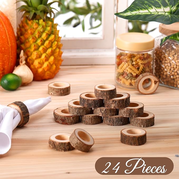 Set of 24 Wooden Bark Napkin Ring Handcrafted Wooden Napkin Holder Rustic Napkin Rings Buckles Party Gift Farmhouse Table Decoration for Dining Wedding Birthday, Everyday