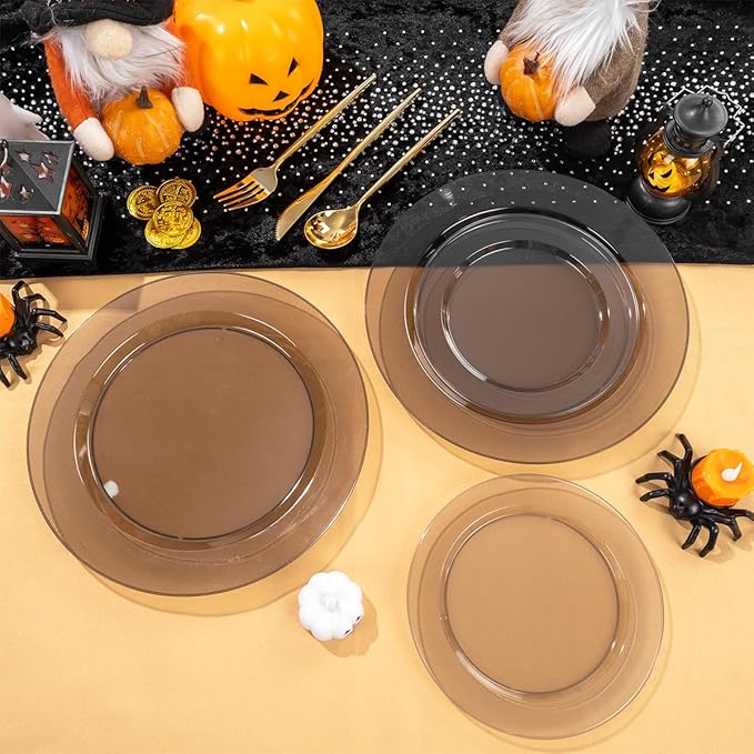 I00000 102 Pcs Clear Black Plastic Plates, Black Disposable Party Halloween Plates Include 51 Dinner Plate 10’’ and 51 Dessert Plate 7’’ Perfect for Wedding, Party & Halloween