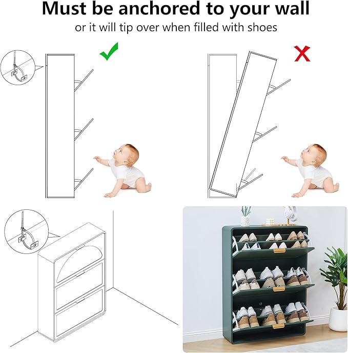 Narrow Hidden Shoe Organizer Cabinet Storage for Entryway, Modern Slim and Skinny Shoe Rack Cabinet with Flip Drawers for Entrance, Hallway - Green
