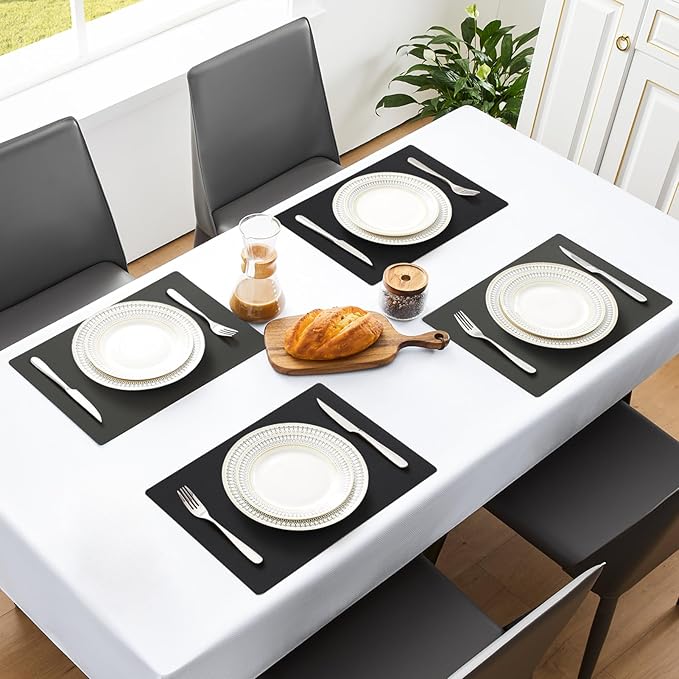 MOSAYT Vinyl Placemats Set of 6, Heat Resistant Place Mats 100% Waterproof Washable & Wipeable Faux Leather Reversible Table Mats for Kitchen Dining Party Indoor Outdoor, 12" x 17", Grey/Black