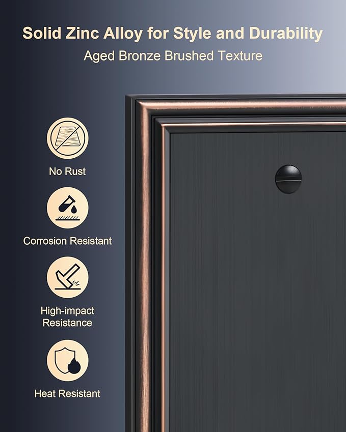 2-Pack Single Blank Wall Plates, Durable Solid Zinc Alloy Blank Outlet Covers, Decorative Aged Bronze Wall Plate Cover for Unused Outlets/Switches, Corrosion Resistant