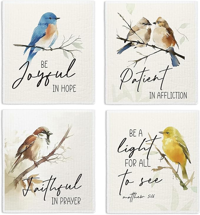 Bird Scripture Swedish Dishcloths for Kitchen, Swedish Dish Cleaning Cloths for Spring，Papaya Reusable Paper Towels, 4 Pack Dish Towels for Kitchen, Reusable Paper Dishcloths Washable