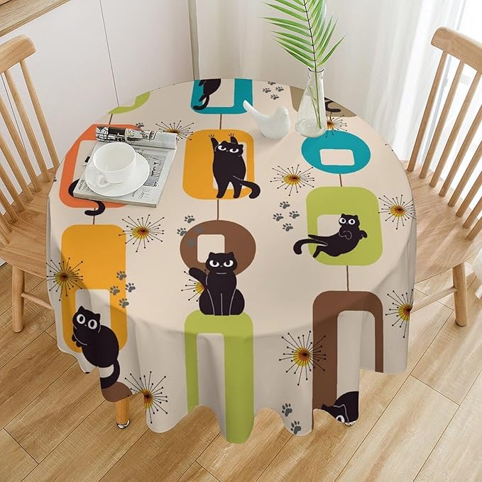 Bohemian Black Cat Round Tablecloth, Rustic Vintage Mid Century Geometric Tablecloth for Home Party Dining Room Kitchen Decor 70Inch(178cm)