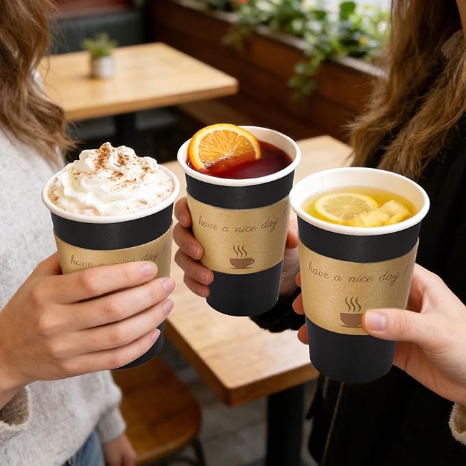 500 pack 12 oz Disposable Coffee Cups with Lids,To Go Coffee Cups for Home, Office, Cafes and Party (Black 16oz)