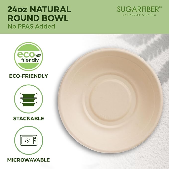 [500 COUNT]Harvest Pack PFAS FREE 24oz Compostable Bowls, Round Soup Paper Heavy-Duty Eco-Friendly Disposable Bagasse Bowl, sugarcane made plant fibers for Meal Prep