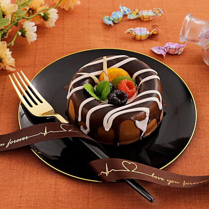 I00000 144Pcs Black and Gold Dessert Plate Set, Including 72Pcs Black and Gold Plastic Plates 7.5" and 72Pcs Disposable forks 8.5", Fancy Salad Plates with Gold Rim for Thanksgiving and Party