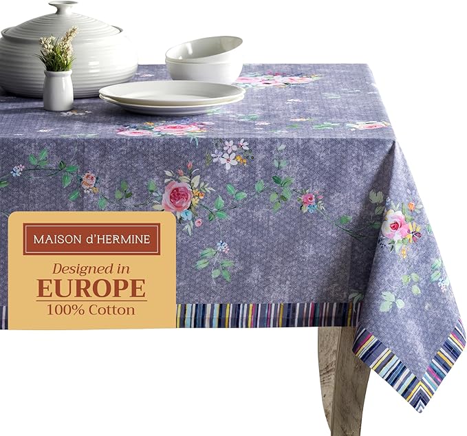 Maison d' Hermine Table Cloth Rectangle Table 100% Cotton 60 x 108 Inches Tablecloth Reusable Decorative for Dining Room Valentines Day Decorations Spring Summer - Sweet Rose Lavender - Country Garden