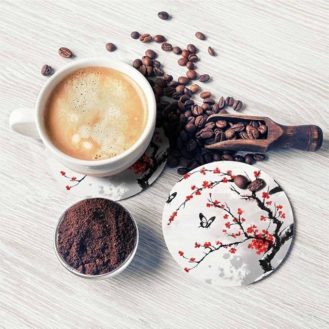 Cherry Branch Drink Coasters Modern Foliage Butterfly China Classic Blossoming Oriental Ink Culture Housewarming Presentss for New Home Present for Friends,2 Pcs,4 X 4 X 0.35 Inches