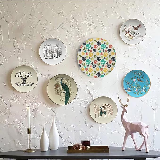 Decorative Plates, Dog Lover Print Ornament, Cute Hand Drawn Paw Print Doodles, 8 Inch, Kitchen Wall Decor, Multicolor