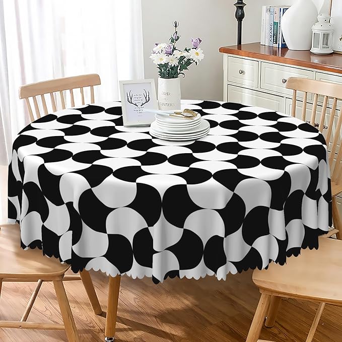 Laeacco 48 Inch Geometric Round Tablecloth Black and White Abstract Pattern Modern Art Print Table Cloth Washable Waterproof Wrinkle Free Table Cover for Kitchen Dining Picnic Party Decoration