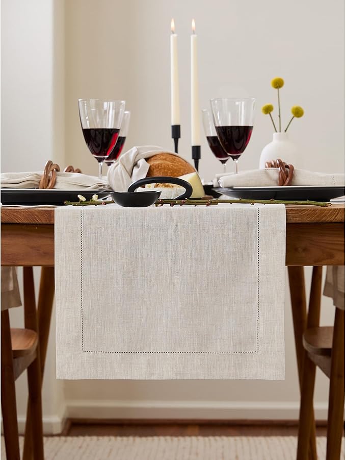 Solino Home Linen Table Runner 90 Inches Long - 100% Pure Linen Light Natural Table Runner 14 x 90 Inch for Spring, Easter - Classic Hemstitch