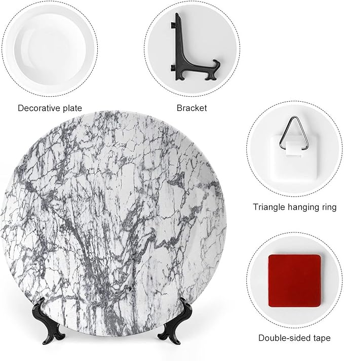 Ceramic Display Plate, Abstract Ceramic Hanging Decorative Plate, Murky Marble Rock Motifs Dynamic Fractal, 7 Inch, Living Room Kitchen Decoration Household, Grey White