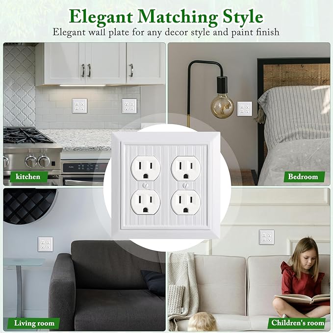Beadboard Outlet Covers Wall Plates, Bamboo Fiber Light Switch Covers, Natural Material Electric Receptacle Decorative Switch Plate Outlet Cover (Pure White, 2 Gang Duplex 2 Pack)