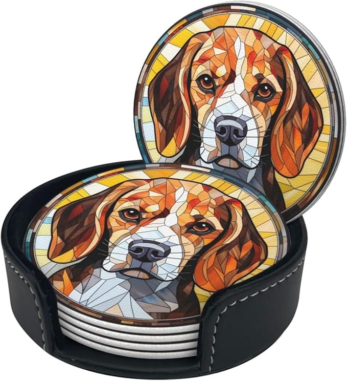 Drink Coaster Set of 6, Beagle Dog Mom Lover Gift,Leather Drink Coasters with Holder,6 Pack Cup/Bar/Drink Coasters for Table/Drinks/Coffee Protection Housewarming Gift