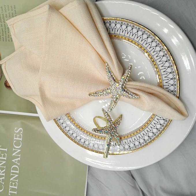 Crystal Starfish Napkin Rings Set of 12 - Rhinestone Coastal Nautical Napkin Ring Holders for Wedding Party, Beach/OceanTheme Dining Table Decoration Accessories (12)