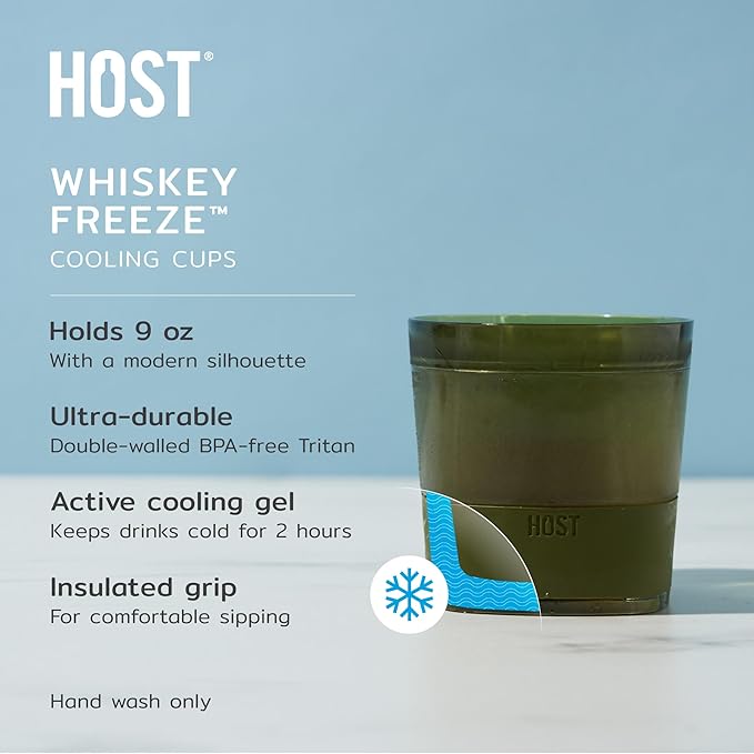 Host Whiskey Freeze Glasses, Double Old Fashioned Glasses, Chill Without Dilution for Bourbon, Vodka, Cold Brew Cocktails, Bourbon Gifts for Men, Gifts for Dad, Home Bar, 9 oz, Set of 2, Olive Green