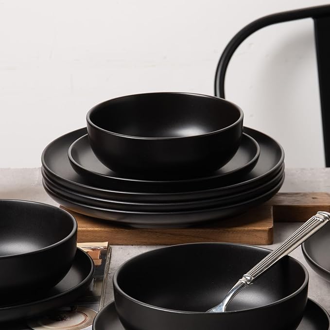 12-Piece Stoneware Dinnerware Set with Mugs | Microwave and Dishwasher Friendly | Stackable Matte Glaze Plates & Bowls | Service for 3 (Black for 4)
