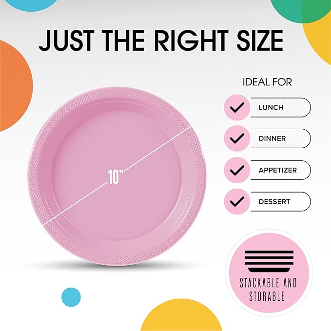Pink Plastic Plates For Party 10" Pink Disposable Plates Heavy Duty 100 Pcs Plastic Dinnerware Sets Heavy Duty 350 GSM Disposable Dinnerware Set
