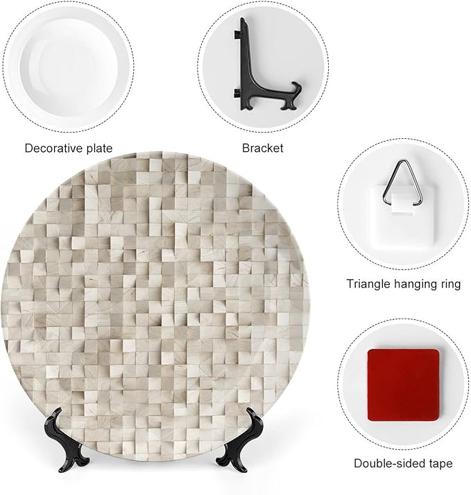 Ceramic Plates, Abstract Decorative Ceramic Plates, Wooden Cubes Print, 8 Inch, for Dining, Parties, Wedding, Tan