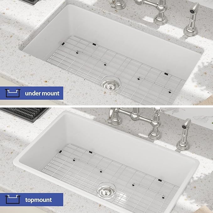 Sarlai 32 Inch White Undermount Sink Fireclay 32x19 Inch White Kitchen Sink Dual Drop in & Undermount Kitchen Sink Single Bowl Deep Porcelain Ceramic Sink