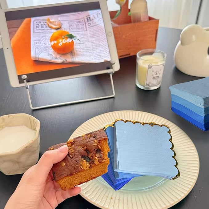 100 pack Blue Cocktail Napkins with Gold Foil Accents Scalloped Edges 5 x 5 inch Beverage Disposable Napkin Party Decoration Wedding Bridal and Baby Shower Dinner Lunch Supplies