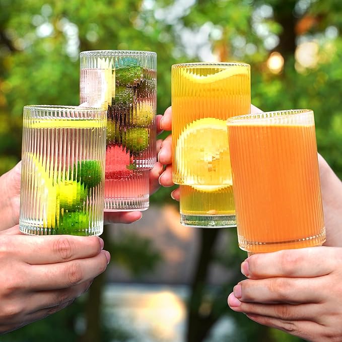 Ribbed Glassware Vintage Drinking Glasses - 16 oz Glassware Stackable Highball Origami Style Glass Cup Fluted Vertical Stripes Romantic Water Drinking Cups Set of 6 Dishwasher Safe