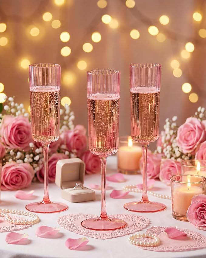 Ciaell 24 Pack Pink Plastic Champagne Flutes - 6oz Ribbed Disposable Champagne Glasses - Pink Vintage Mimosa Glasses with Long Stem, Elegant & Lightweight for Weddings and Party