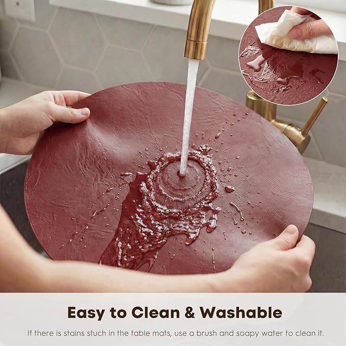 Artoid Mode Red Faux Leather Placemats Set of 4, 15 Inch Waterproof Wipeable Heat Resistant Vinyl Place Mats, Reversible Table Mats for Christmas Kitchen Dining Decor