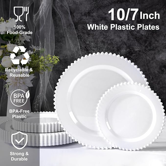 U-QE 60PCS White Plastic Plates - Fancy Beaded Plates Disposable Heavy Duty - Premium Hard Plastic Plates for Party, Wedding & Birthday Including 30 Dinner Plates 10" & 30 Dessert Plates 7"