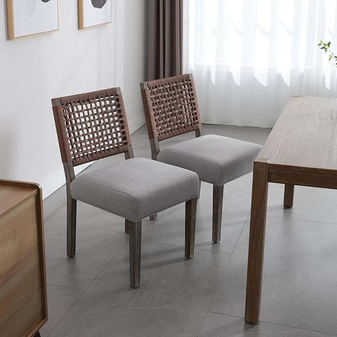 Farmhouse Dining Chairs Set of 2 Linen Fabric Upholstered Accent Side Chair, Mid Century Modern Kitchen & Dining Room Chairs with Woven Rope Back for Home, Living Room, Bedroom - Grey