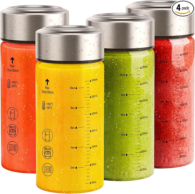 Sursip 12 oz Glass Juice Bottles – 4 Pack Wide Mouth Bottles with Stainless Steel Lids – Leakproof, BPA Free, Heat-Resistant Borosilicate Glass for Juicing, Smoothies, Milk, Protein, Beverage Storage