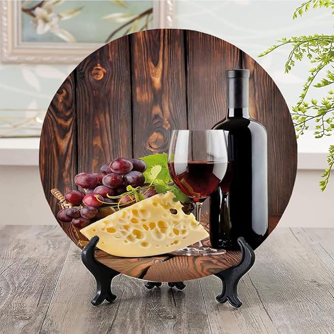 Ceramic Display Plate, Wine Ceramic Hanging Decorative Plate, Red Wine Cabernet Bottle and Glass Cheese and, 6 Inch, Living Room Kitchen Decoration Household, Brown Burgundy Cream