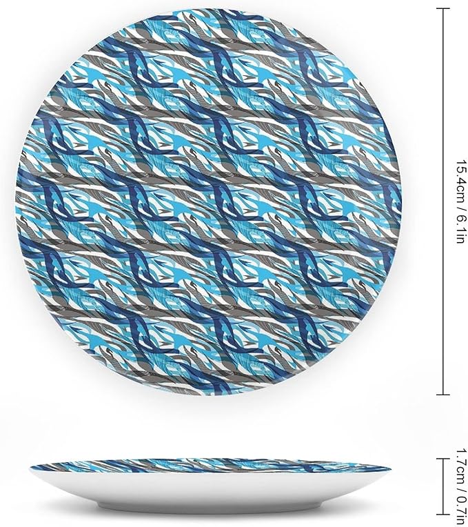 Ceramic Display Plate, Abstract Ceramic Hanging Decorative Plate, Modern Art Stripes Swirls Waves Trippy, 7 Inch, Living Room Kitchen Decoration Household, Grey Blue White