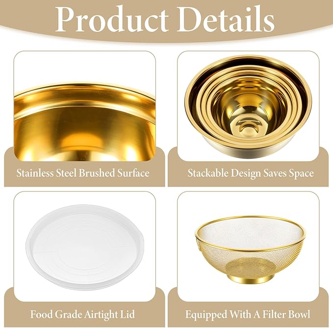 5 Pack Gold Mixing Bowls with Airtight Lids, Stainless Steel Mixing Bowl Set with Colander, Gold Nested Bowl, Metal Nesting Organizers, for Baking Prepping and Serving Food, Size 1.5, 2.0, 2.5, 4.0 Qt