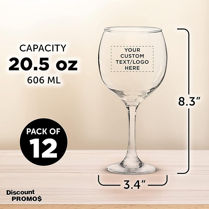 Custom Premiere Wedding Wine Glasses 20.5 oz Set of 12, Personalized Bulk Pack - Restaurant Glassware, Perfect for Red Wine or White Wine - Clear