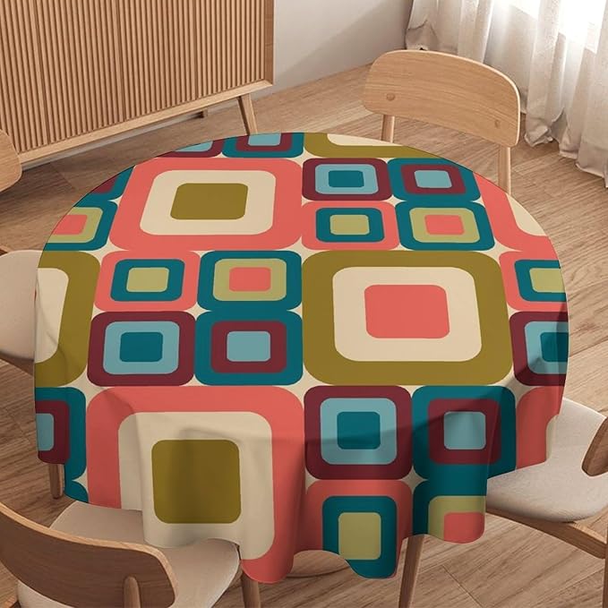 Abstract Geometric Round Tablecloth, Mid Century Modern Middle Century Abstract Patterns Print Tablecloth for Home Party Dining Room Kitchen Decor 50Inch(127cm)