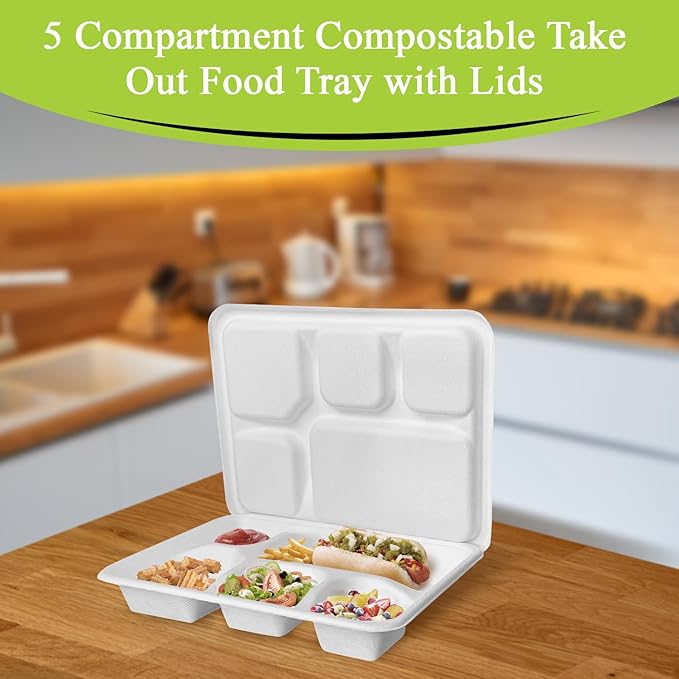 three leaf 5 COMPARTMENT MEAL TRAY WITH LID SET, 125 SETS. Heavy-Duty- Super Strong- Natural- Eco-Friendly Disposable Bagasse Tray with Lid, 100% Biodegradable Plates