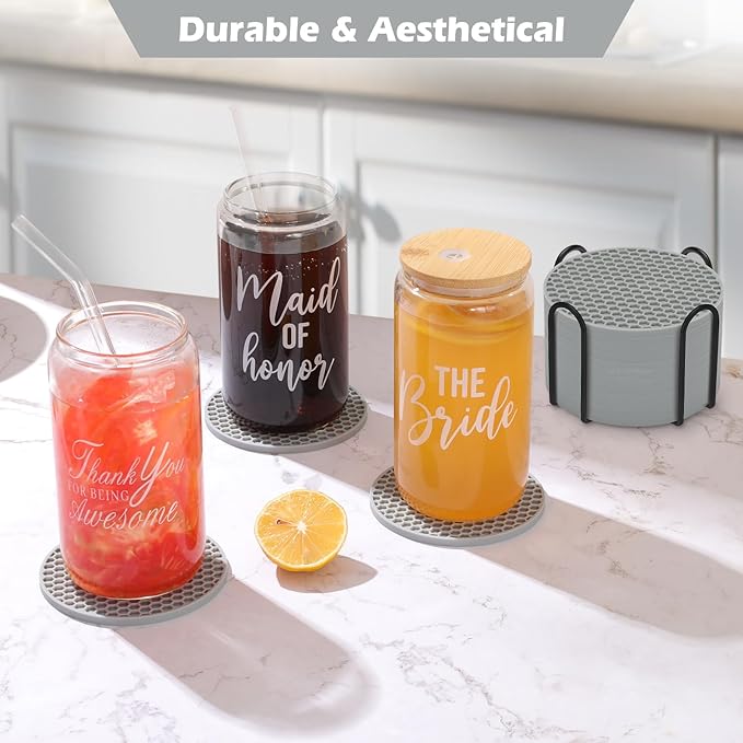Silicone Coasters Set of 8 with Holder,Coasters for Drinks,Beer,Coffee Coasters,Suitable for Kinds Cups,Hot or Cold,Anti-SLI,Non-Stick,Anti-Overflow Tabletop Protection and Decor (8 Pcs, Gray)