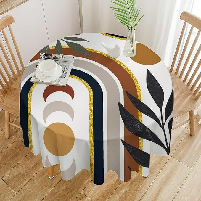 Mid Century Boho Round Tablecloth, Modern Abstract Sun Moon Bohemian Leaves Tablecloth for Home Party Dining Room Kitchen Decor 70Inch(178cm)