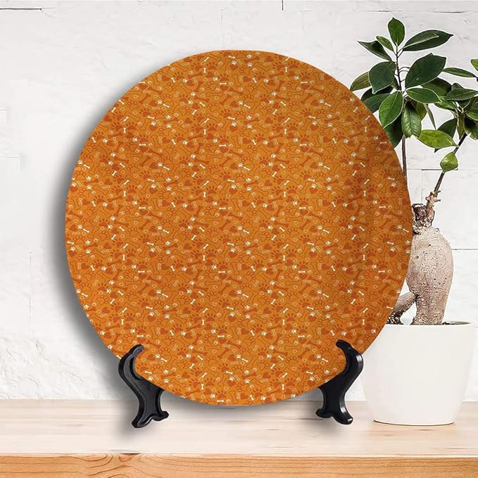 Ceramic Plates, Dog Bone Decorative Ceramic Plates, Pattern with Paw Prints Bones and Hearts Veterinary, 8 Inch, for Dining, Parties, Wedding, Marigold Burnt Orange and White