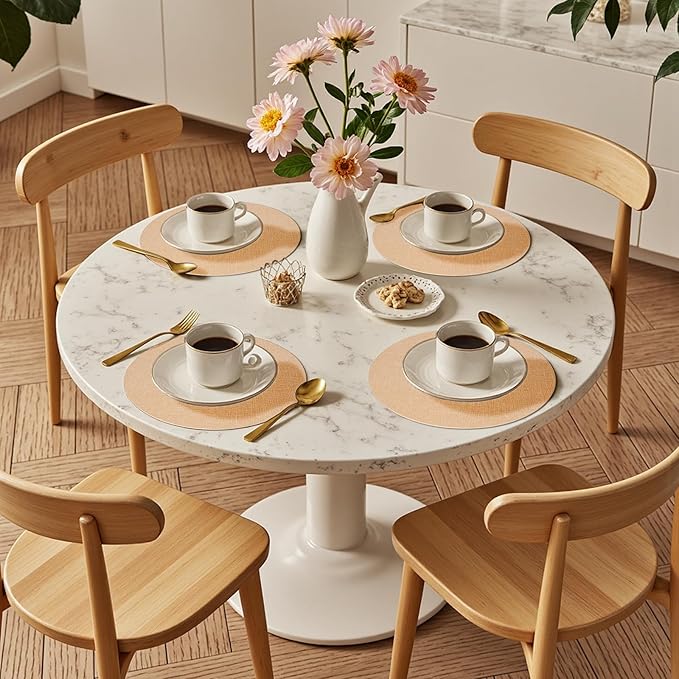 Round Wipeable Placemats Set of 4 – Faux Leather Round Table Mats, Waterproof & Washable Vinyl Placemats, Circle Design for Dining Table Decor– Warm Tan