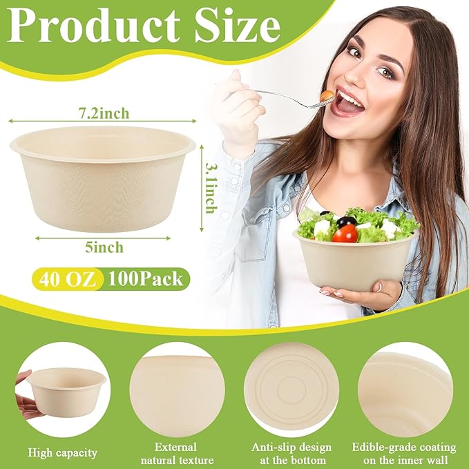 Tessco for you 100 Pack Large Disposable Salad Bowls Deep Heavy Duty Paper Bowls Sugarcane Fiber Compostable Biodegradable Microwave Safe for Hot Cold Soup Ramen Popcorn Pasta(40 oz,Natural Color)