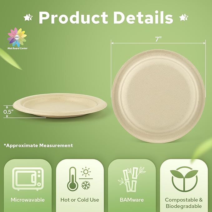 Mat Board Center, 7-Inch, 1000-Count, Compostable Plates, Natural Bamboo Fibers, Everyday Tableware -– Disposable Round Shape - Microwave-Safe - Gluten-Free - Eco-Friendly