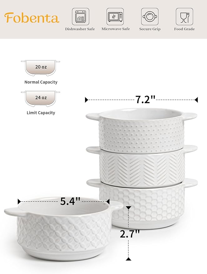 Soup Bowls with Handles, 20oz Embossed Ceramic Bowl Set of 4 – Oven & Microwave Safe, Ideal for Stew, Chili, Cereal – Textured Deep Bowls for Everyday Comfort
