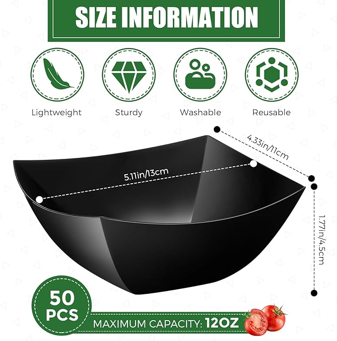 Tanlade 50 Pcs Square Plastic Serving Bowls Disposable Snack Salad Bowl Small Party Candy Bar Containers Taco Bar Serving Dishes for Buffet Chips Fruit(12 oz,Black)