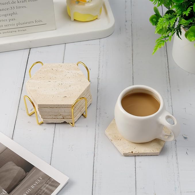 Travertine Coasters Set of 6 with Gold Holder, Hexagonal Rustic Beige Marble Drink Coasters for Coffee Table Decor, Porous Stone Absorbent Coaster for Drinks, Velvet Backed