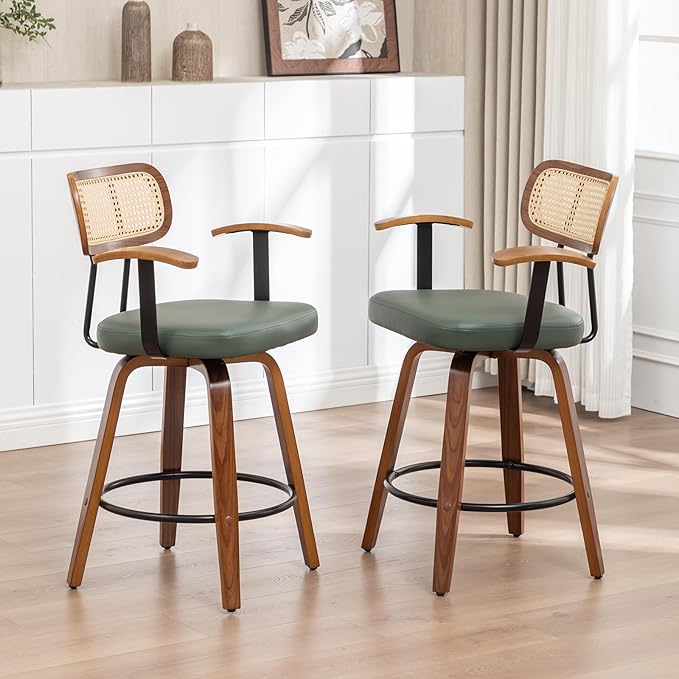 Rattan Swivel Bar Stools Set of 2,Green Faux Leather Counter Height Barstools with Arms Rattan Backrest/Wooden Legs,Mid Century Modern Bar Chairs for Kitchen/Dining Room/Bar