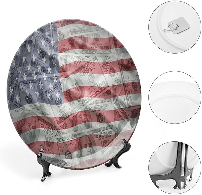 Ceramic Display Plate, American Flag Ceramic Hanging Decorative Plate, Dolar Exchange, 7 Inch, Living Room Kitchen Decoration Household, Multicolor