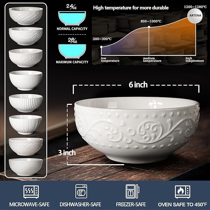 Artena Ceramic Cereal Bowls 26 oz, Embossment Soup Bowls Set of 4, White Salad Bowl for Kitchen, Dinner, Breakfast, Oatmeal, Rice, Pasta, Dishwasher Microwave Safe, 6 inch (Multiple Patterns)